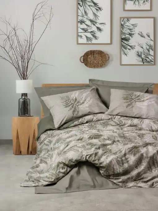 Lenjerie de pat 1 Persoana Model Frond Khaki Cumpără online