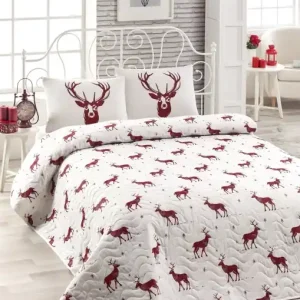 Set Cuvertura de pat 1 Persoana Model Geyik Claret Red Reducere de preț