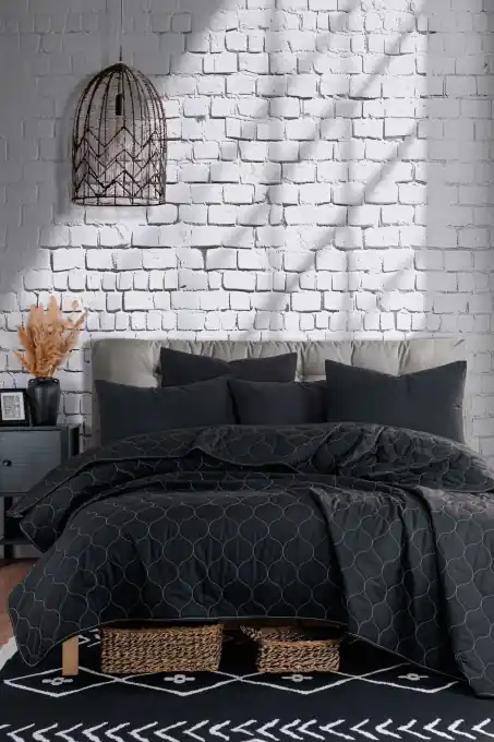 Set Cuvertura Pat Dublu Model Solid Black Reducere de preț
