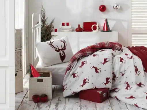 Plată sigură Lenjerie de pat 1 Persoana Model Geyik Claret Red