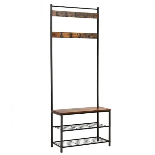 Cuier cu bancuta si suport pantofi Model Wu, Maro Rustic/Negru, 70x32.5x175 cm Nu rata