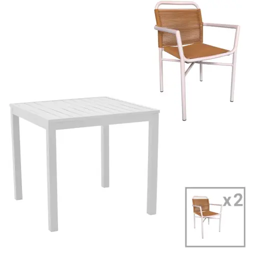 Reduceri Set masă și scaune de exterior, 3 Piese, Model Kliton, Alb/Natural, 80x80x74 cm