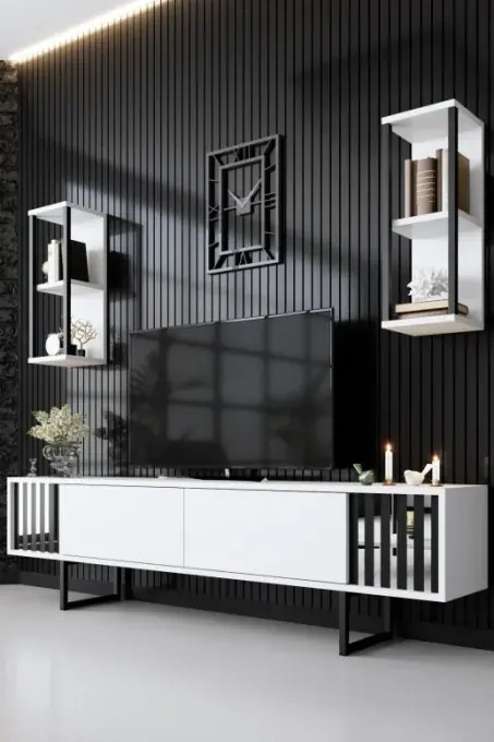 Ofertă Comoda TV Salvador, Model Chrome, 180x48x30 cm, Alb/Negru