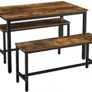 Set Masa si 2 Banci Model Hana, 110x70x75 cm, Maro Rustic/Negru Popular