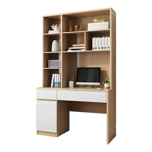 Birou cu biblioteca Model Pertin, Alb/Natur, 120x58x195 cm Ofertă limitată