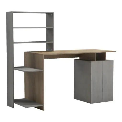 Birou cu biblioteca Model Meza, Stejar sonoma/Gri , 146.3x55x128.8 cm Ofertă specială