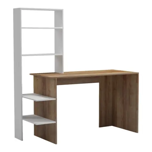 Birou cu rafturi Model Bivoro, Stejar/Alb, 146x55x129 cm Super ofertă