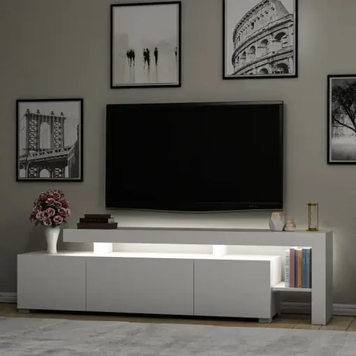 Cel mai vândut Comoda TV Salvador, Model Beliz, 192x53x37 cm, Alb
