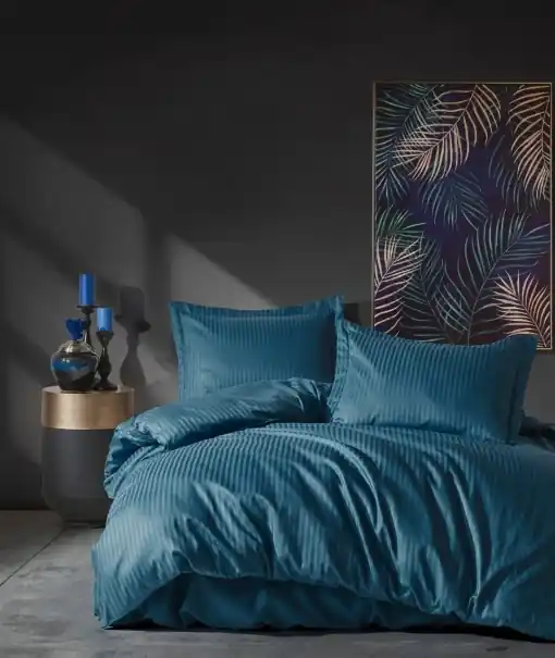 Lenjerie de pat dublu, Bumbac 100% Satinat Model Stripe Blue Cel mai vândut