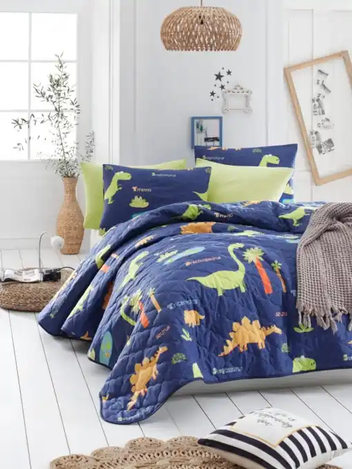 Reducere specială Set Cuvertura Pat Dublu Model Dinolar Dark Blue