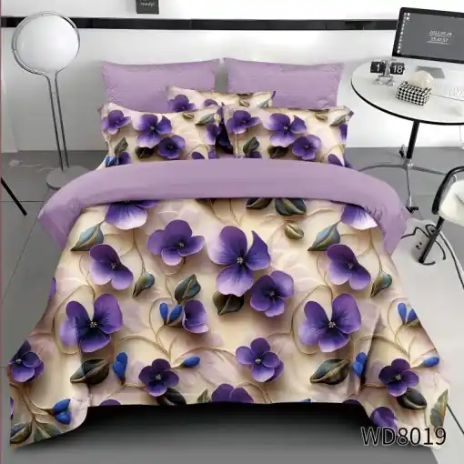 Lenjerie de pat FINET 5D Digital Print cu elastic – 4 piese, Purple Petals Plată securizată