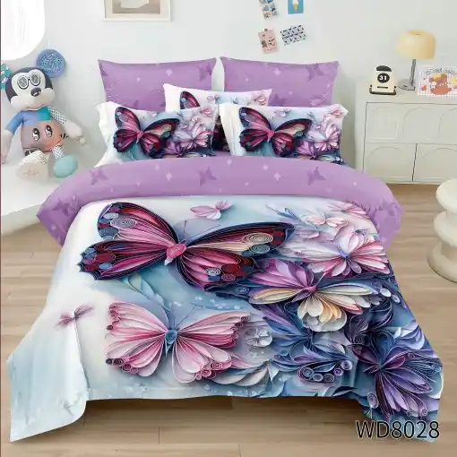 Lenjerie de pat Finet 5D Digital Print cu elastic – 4 piese, Violet Fantasy Butterflies Promoție