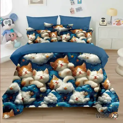 Lenjerie de pat Finet 5D Digital Print cu elastic – 4 piese, Dreamy Cloud Kittens Ofertă de sezon