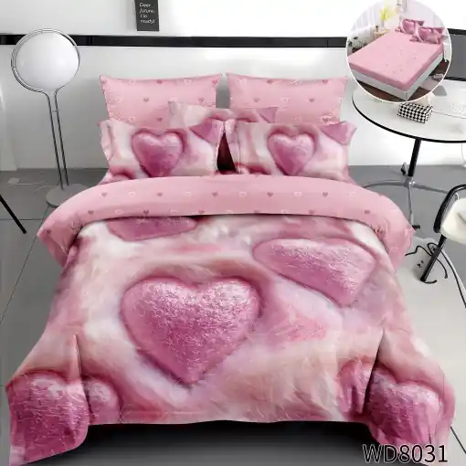 Cel mai bun preț Lenjerie de pat Finet 5D Digital Print cu elastic – 4 piese, Pink Velvet Hearts