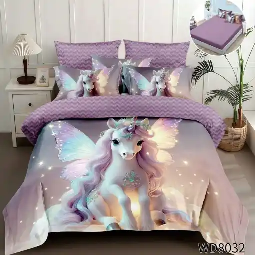 Vezi acum Lenjerie de pat Finet 5D Digital Print cu elastic – 4 piese, Magic Unicorn Glow