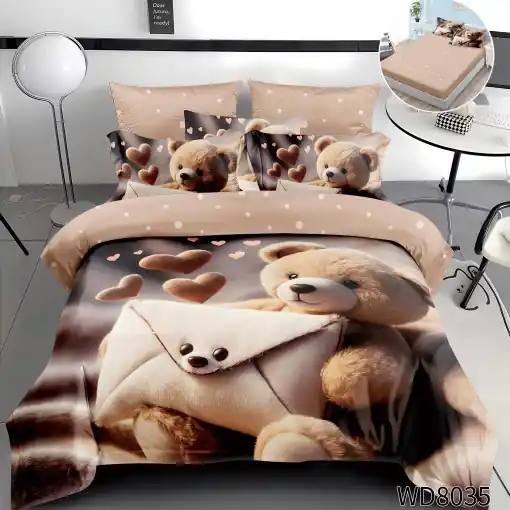 Lenjerie de pat Finet 5D Digital Print cu elastic – 4 piese, Sweet Teddy Message Livrare rapidă