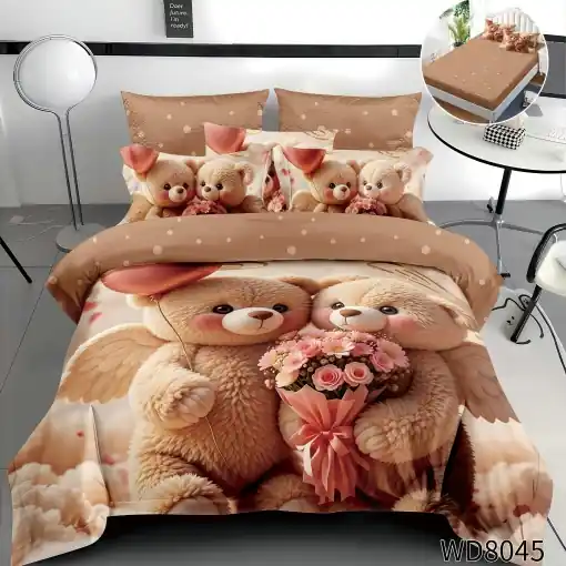 Lenjerie de pat Finet 5D Digital Print cu elastic – 4 piese, Angel Teddy Love Expediere rapidă