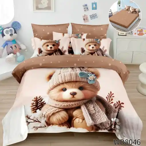 Lenjerie de pat Finet 5D Digital Print cu elastic – 4 piese, Winter Teddy Charm Ofertă exclusivă
