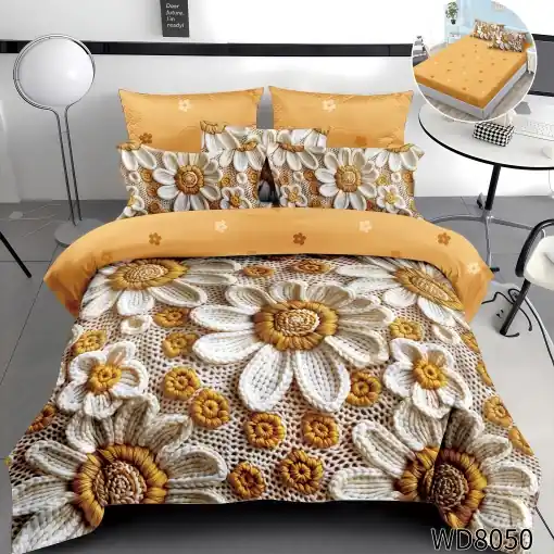 Noutate Lenjerie de pat Finet 5D Digital Print cu elastic – 4 piese, Golden Daisy Knit