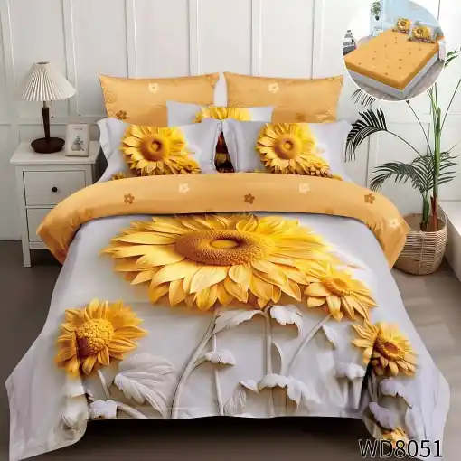 Lenjerie de pat Finet 5D Digital Print cu elastic – 4 piese, Sunflower Harmony Noutate