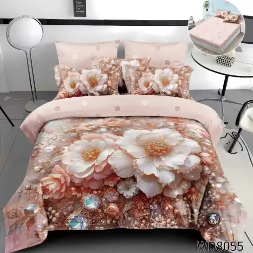 Calitate înaltă Lenjerie de pat Finet 5D Digital Print cu elastic – 4 piese, Crystal Floral Elegance