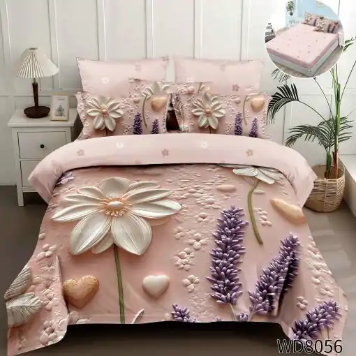 Lenjerie de pat Finet 5D Digital Print cu elastic – 4 piese, Lavender Heart Garden Reduceri