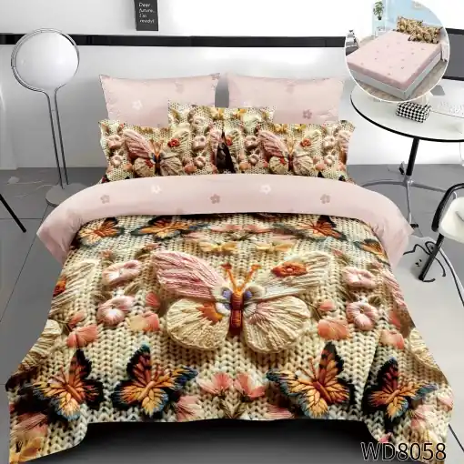 Lenjerie de pat Finet 5D Digital Print cu elastic – 4 piese, Knitted Butterfly Garden Chilipir