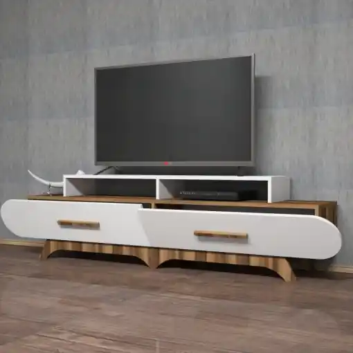 Comandă acum Comoda TV Salvador, Model Flora, 205x50x36.8 cm, Nuc/Alb