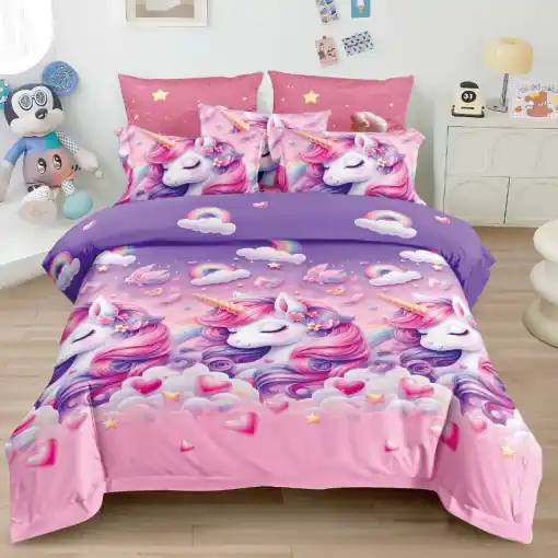 Plată securizată Lenjerie 1 Persoana Copii, Finet, 4 Piese - Unicorn Love
