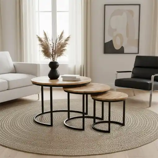 Set de 3 măsuțe de cafea Frina, natural/negru, 70x70x45 cm Chilipir