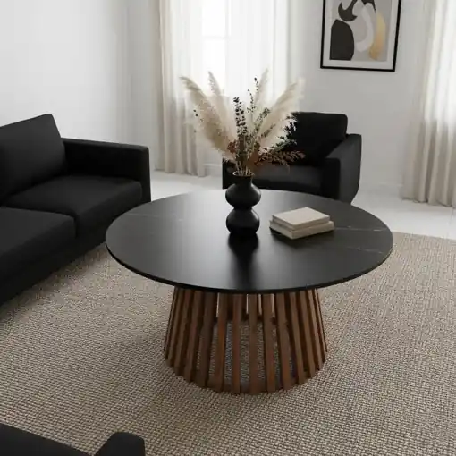 Măsuță de cafea Mable, natural/negru marmorat, 100x100x45 cm Preț redus