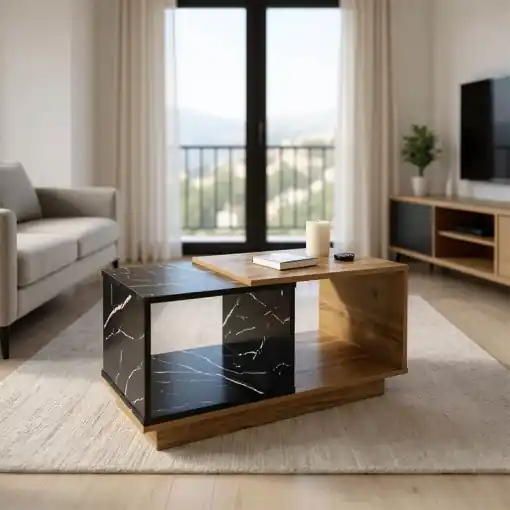 Măsuță de cafea Fetix, sonoma/negru marmorat, 90x45x45 cm Reducere
