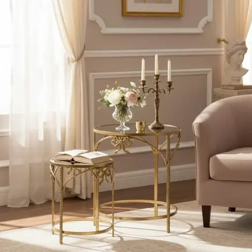 Set de 2 măsuțe laterale Frensia, auriu, 45x45x50 cm Disponibil imediat
