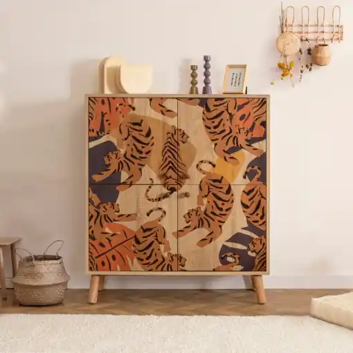 Comoda Model Tigris, Stejar sonoma/Portocaliu/Rosu, 95x36x111 cm Preferatul clienților