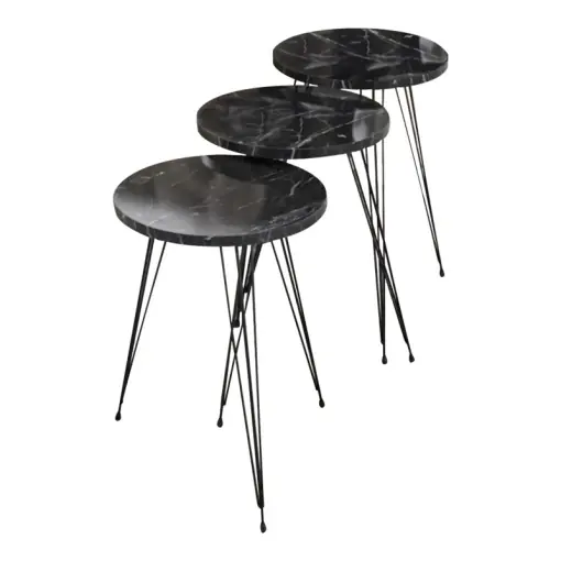 Set 3 Masute Laterale Model Wakmi, Negru marmorat/Negru Noutate