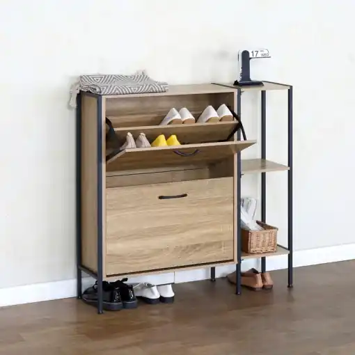 Reducere extra Dulap de pantofi Karleva, natural/negru, 88x24x87 cm